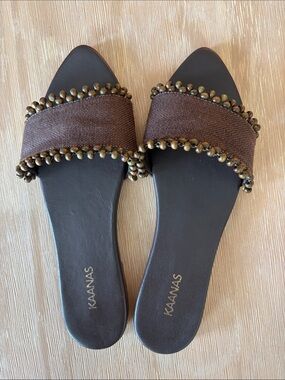 ✨ Kaanas Cala Linen Asymmetric Beaded Slide Sandal | Size 7 | Brown